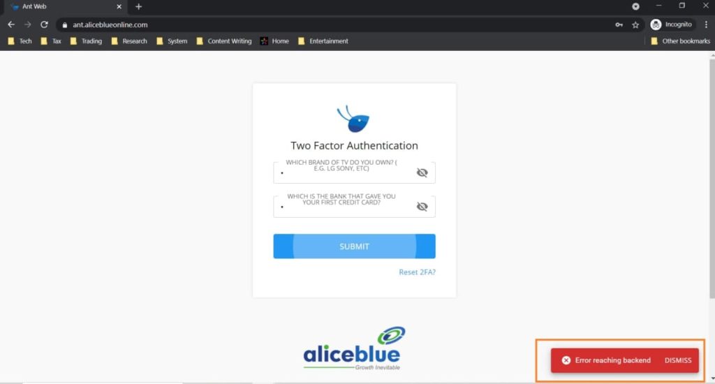 AliceBlue error reaching backend message