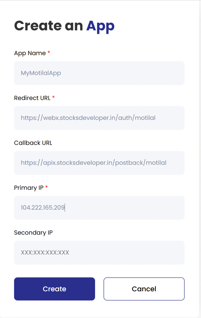 Motilal API creation screen