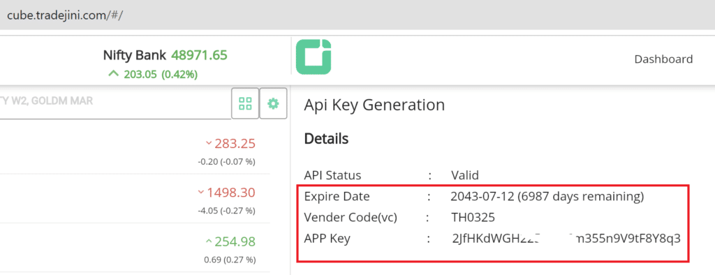 Tradejini APP Key and Vendor Code screen