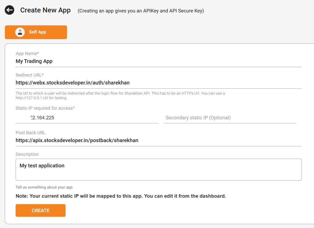 Sharekhan Trading API setup screen
