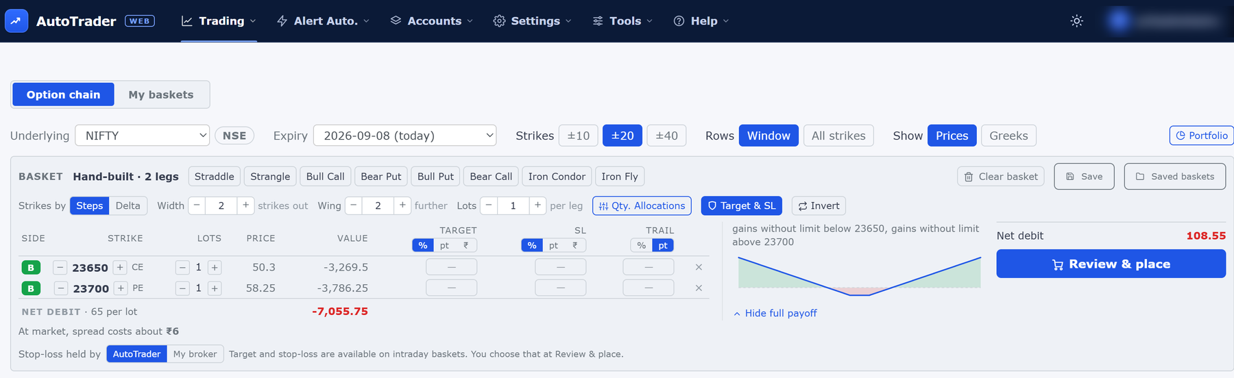 The Options screen: ready-made strategy shapes along the top, a two-leg structure built underneath with each leg showing its own live price, the net debit of the structure, and the Review and place button.