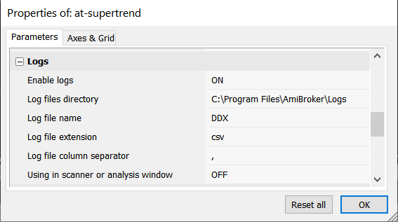 AmiBroker Logging Library Parameters